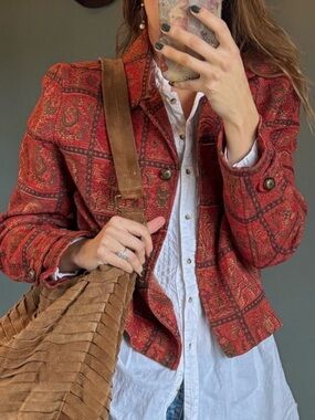 Vintage orvis rust Patterned Boho tapestry Jacket sz 10 / small
